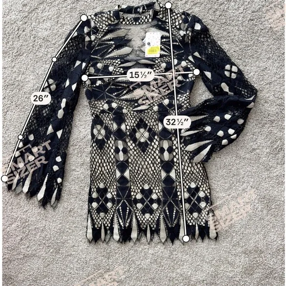 Free People Deco Lace Sheer Mini Dress Whimsigoth Bell Sleeve Edgy Boho 4 NEW - Picture 2 of 9